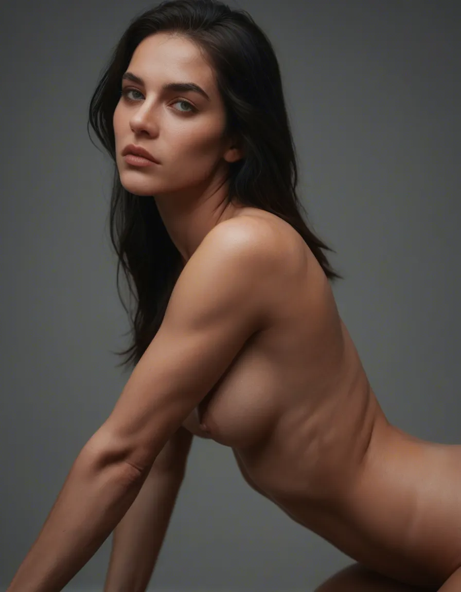European woman, green_eyes , black hair. natural big tits, naked, bend over, from_behind,, score_9, score_8, candid photo, realistic skin texture, visible skin pores, film grain, depth of field