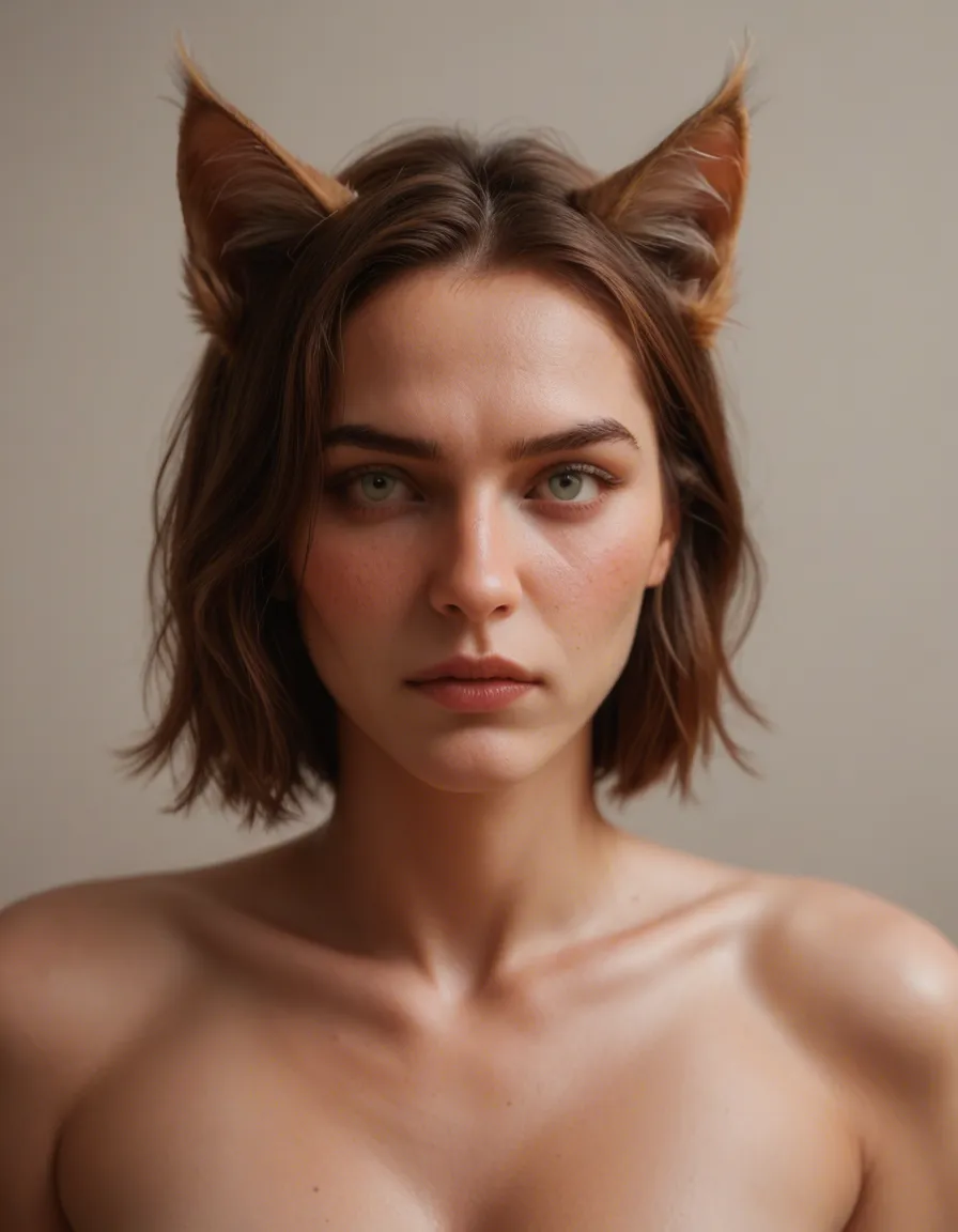 best quality, hyperrealistic, catgirl, fully nude, nervous blush, lifelike render, score_9, score_8, candid photo, realistic skin texture, visible skin pores, film grain, depth of field