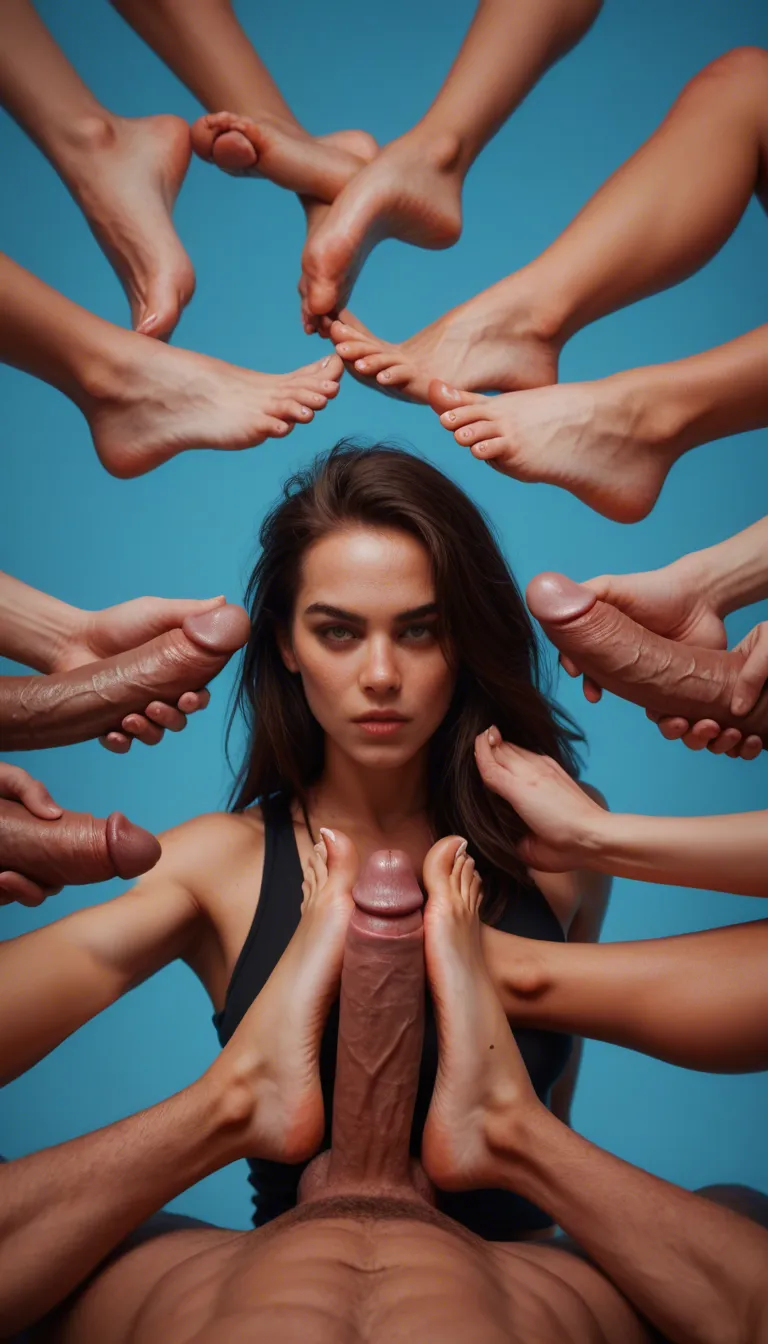 ultra HD, lifelike, 6+girls, footjob, soles, blue background, wild energy, dslr quality