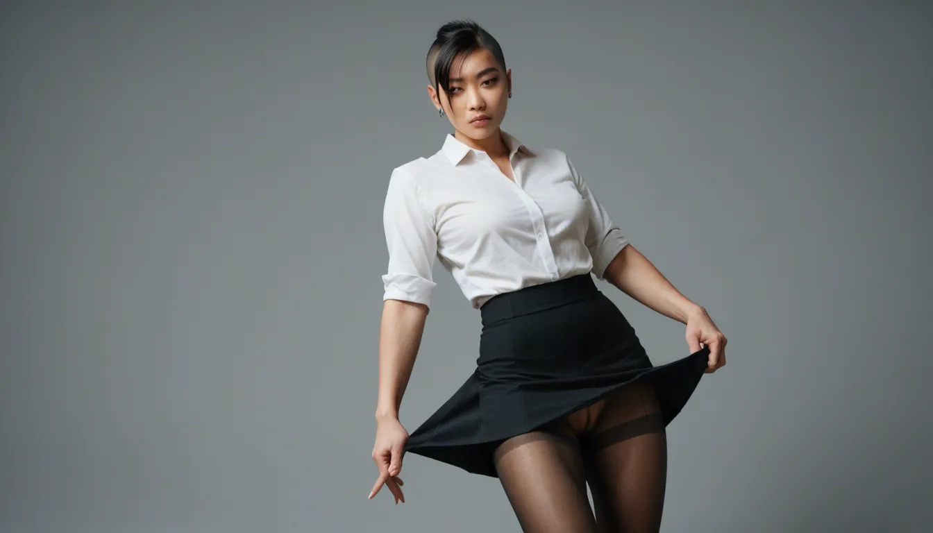 asian female, pantyhose, skirt, no underwear, bobcut