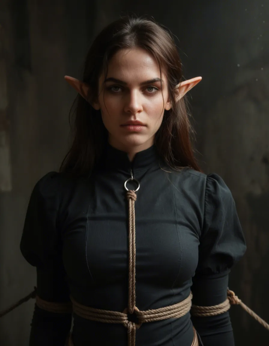 RAW photo, ultra realistic, elf woman, sidelocks, puffy sleeves, bondage, moonlight, photorealistic, score_9, score_8, candid photo, realistic skin texture, visible skin pores, film grain, depth of field