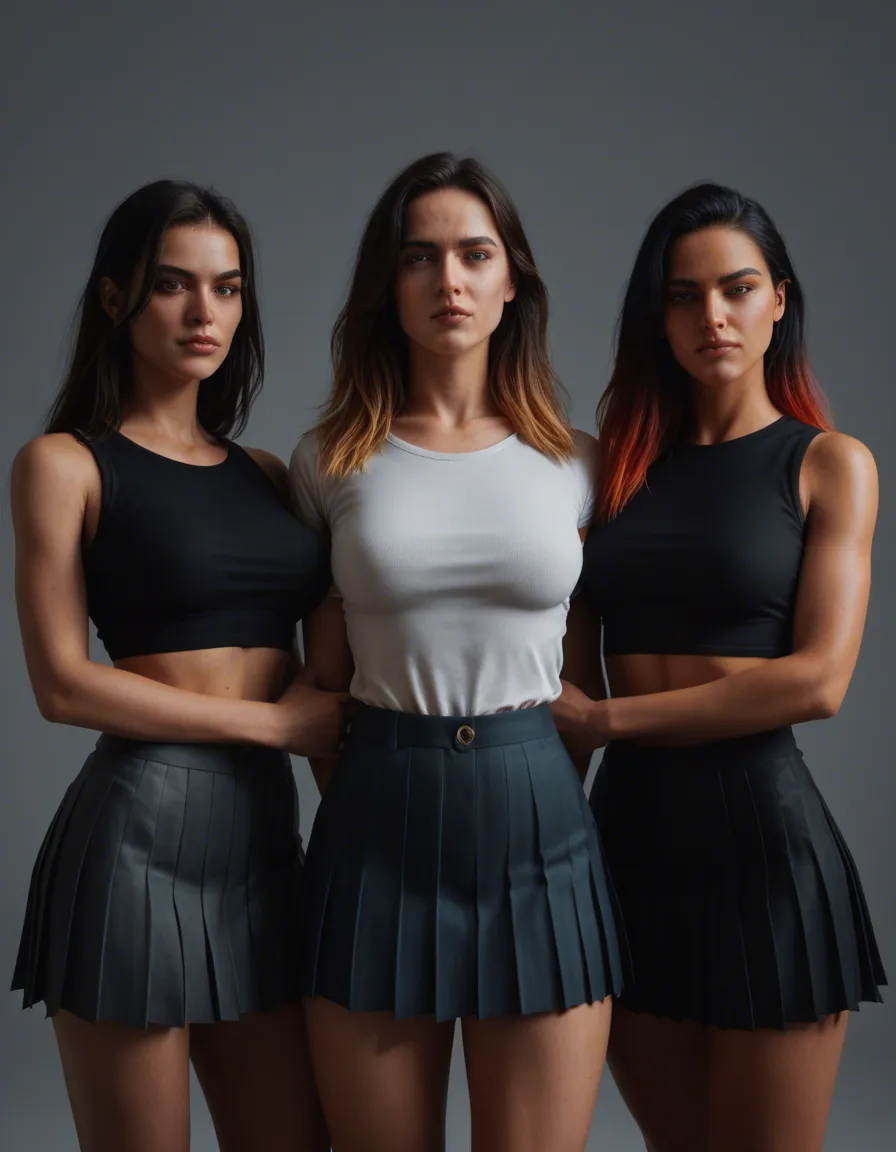 futanari, 8k, sharp focus, detailed skin, 4women, gradient hair, pleated skirt, futanari, photorealistic, score_9, score_8, 3d render, octane render, subsurface scattering, ray tracing, smooth shading