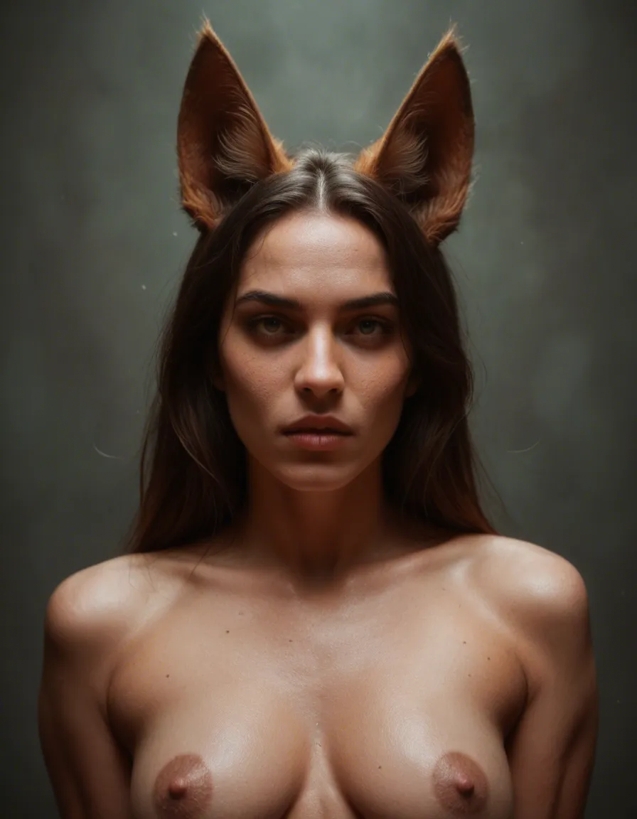 8k, sharp focus, detailed skin, 1other, fully nude, animal ears, wild energy, photorealistic, score_9, score_8, candid photo, realistic skin texture, visible skin pores, film grain, depth of field