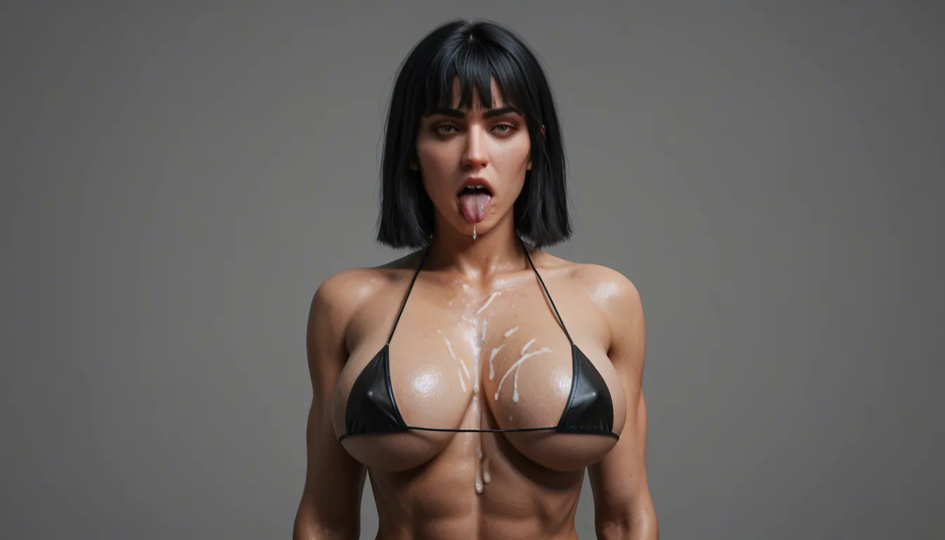 view side under, busty athletic woman huge breasts cum on breasts and pussy dominating small weak man kissing with tongue, shiny black micro bikini long black hair fringe hairstyle high ponytail vampire teeth evil smile almond red eyes, big blue shoulder tattoos blue arm tattoos, dark library