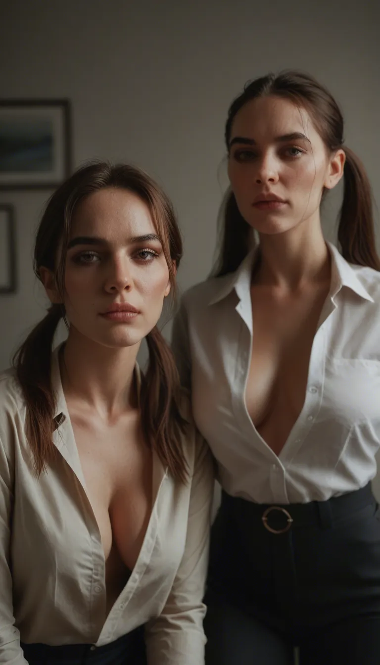sharp focus, 8k uhd, 2women, twintails, office wear, presenting, dslr quality