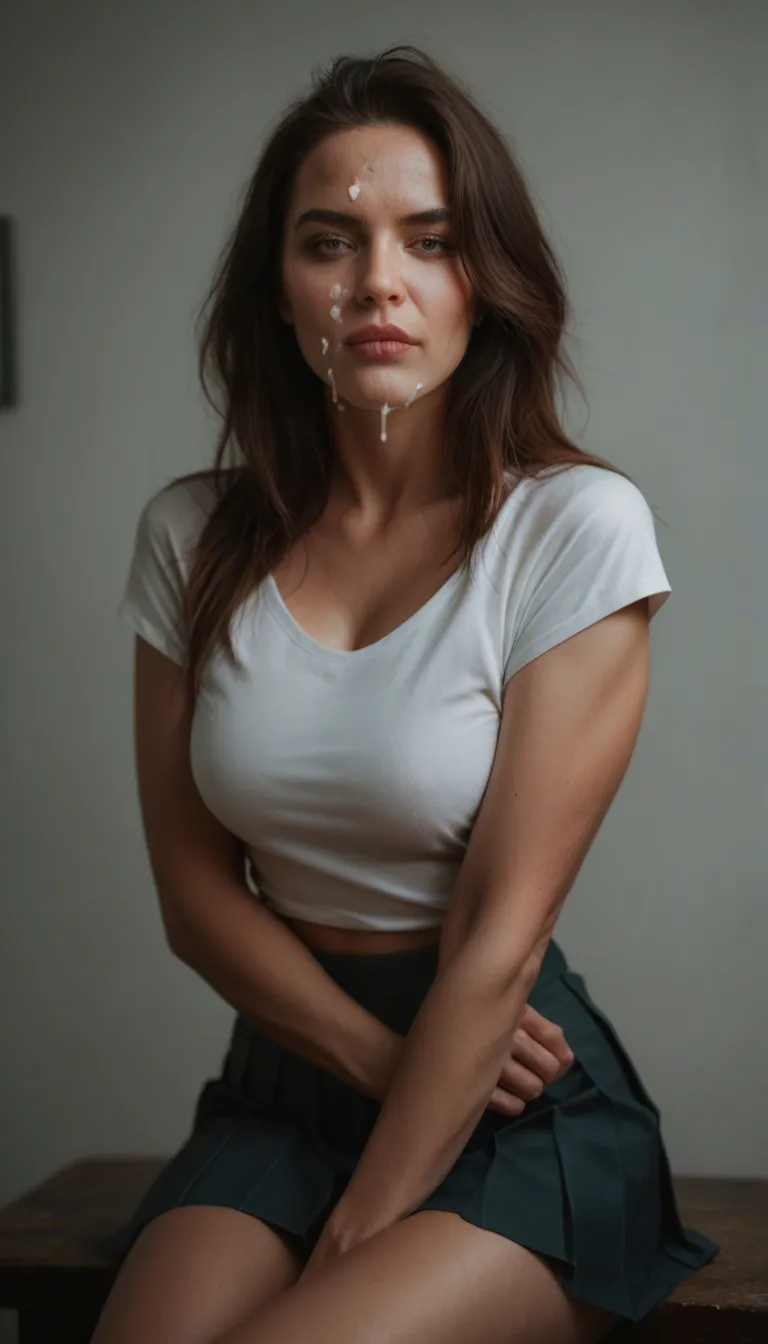 RAW photo, ultra realistic, mature female, hourglass figure, pleated skirt, cum on face, wide shot, photorealistic