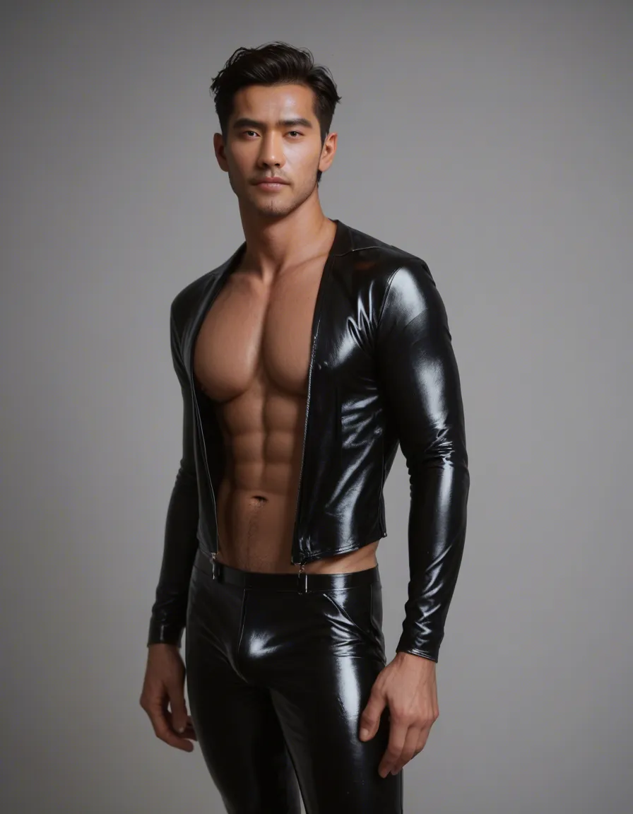 Gay asian guy in latex hot, score_9, score_8, candid photo, realistic skin texture, visible skin pores, film grain, depth of field