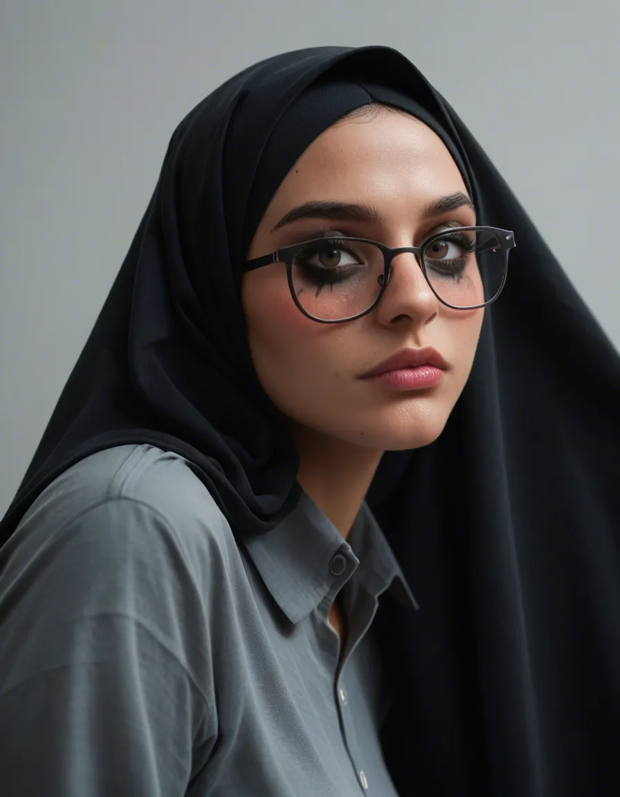 a women shes wearing a plain black hijab neatly draped around her head and shoulder.under it grey collared shirt/jersey.face is warm medium skin tone ,clear and glowy.soft natural makeup and u can see a bit of blush and pink lips.eyes and glasses is big dark eyes,looking straight at the camera.shes wearing round black framed glasses that give her a smart,studious vibe.epression is slight poutface,gives off a cool and confident but not trying too hard energy having sex, score_9, score_8, candid photo, realistic skin texture, visible skin pores, film grain, depth of field
