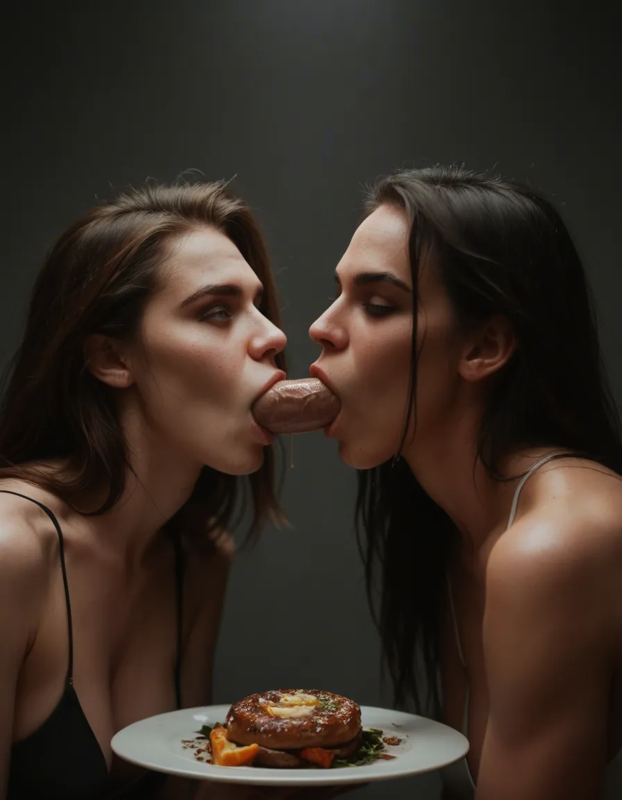 RAW photo, ultra realistic, 2girls, hourglass figure, food, blowjob, wide shot, neon glow, dslr quality, score_9, score_8, candid photo, realistic skin texture, visible skin pores, film grain, depth of field
