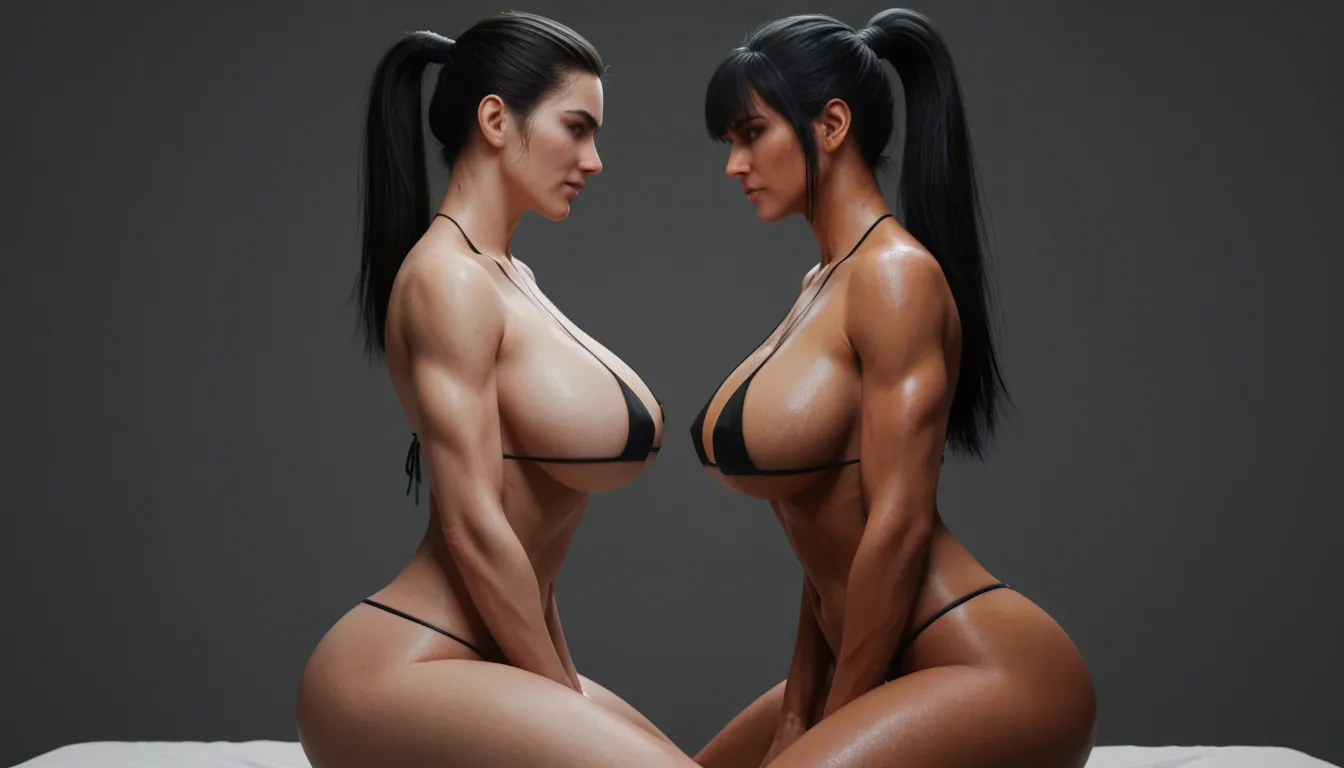 view from side, busty athletic woman huge breasts riding reverse cowgirl small weak man, shiny black micro bikini long black hair fringe hairstyle high ponytail seductive smile almond blue eyes black stripes with daggers on thighs, big blue shoulder tattoos blue arm tattoos, dark castle