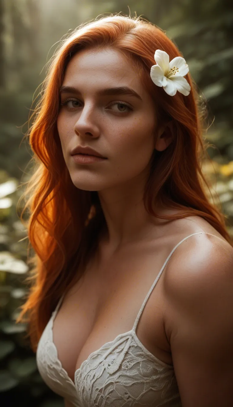 dslr, film grain, photorealistic, cute 18 year old ginger woman flower, teasing, soft lighting, cinematic realism