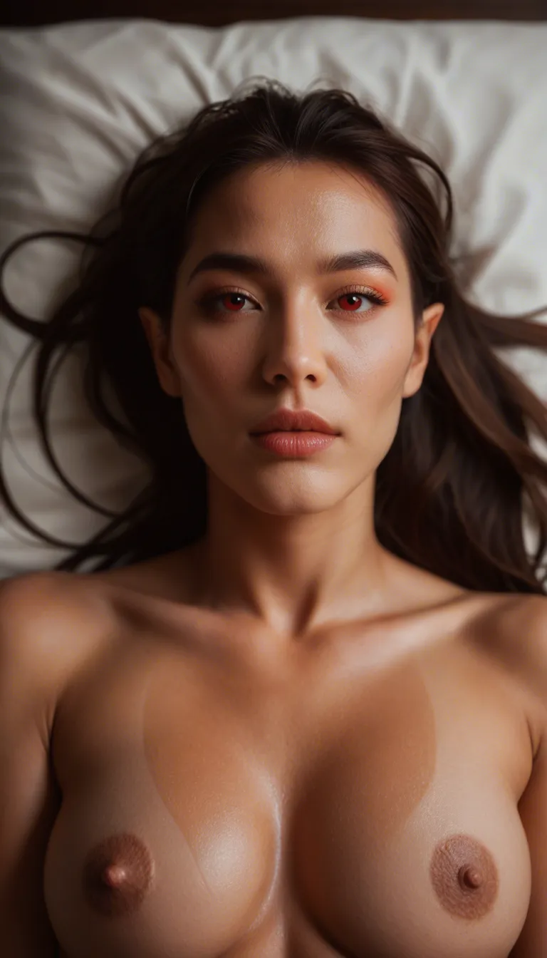 sharp focus, detailed skin, full view, lying on_back, gorgeous, beautiful face, Asian, red_eyes, long pointy_ears, demon woman, horns, seductive bed background, sexy suggestive look, hyperrealistic, sex, pov, naked. Show viewers cock fucking her pussy hard and fast