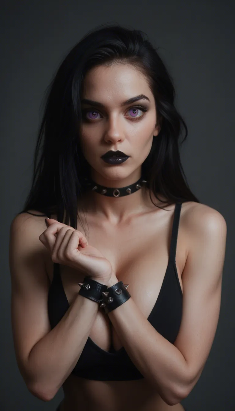 A goth woman, long black hair, hyper big eyes, purple eyes, black eye liner, black lipstick, choker, wrist bands with spikes, large breasts, hyper tiny waist, wide hips, abs, massive ass, naked, body tattoos, arm tattoos, leg tattoos, crotch tattoo, nipple piercings, naked guy in front of her, she is giving him a blowjob, side view, (blowjob), (massive dick), (balls deep), (throat bulge)