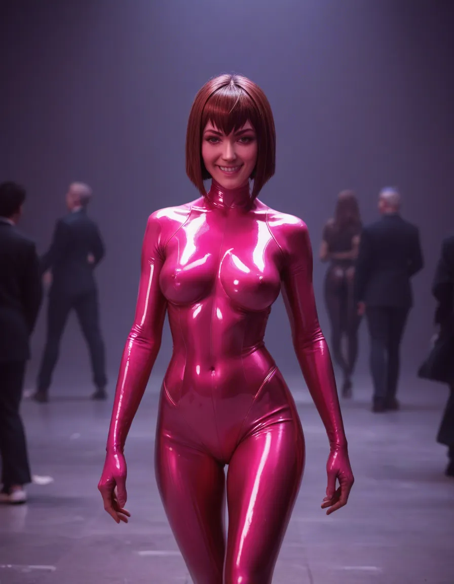 8k, sharp focus, detailed skin, princess_carry, walking, smile, pink_latex_suit, @makise_kurisu, anal_object_insertion, dancing, score_9, score_8, candid photo, realistic skin texture, visible skin pores, film grain, depth of field