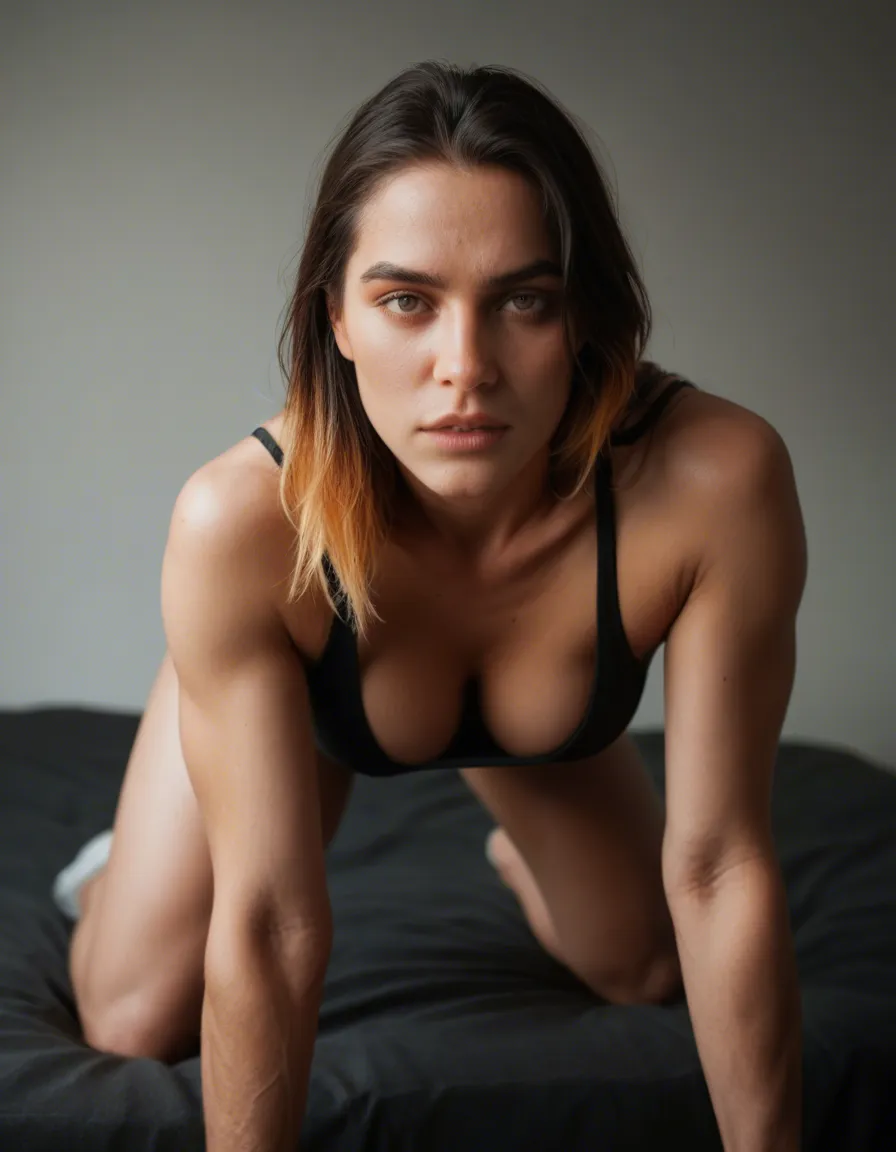 dslr, film grain, photorealistic, fitness model, gradient hair, alternate costume, on all fours, natural skin texture, score_9, score_8, candid photo, realistic skin texture, visible skin pores, film grain, depth of field