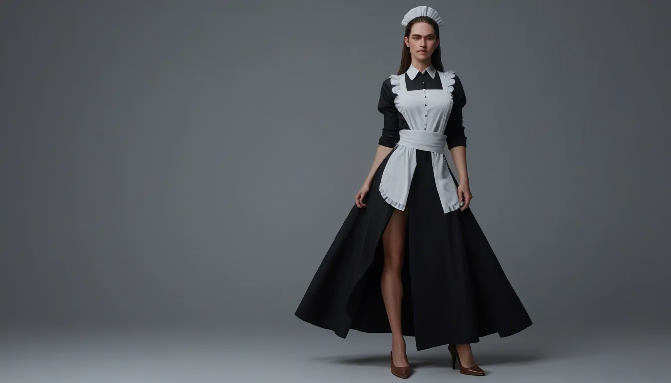 professional photo, high detail, over the shoulder, maid, presenting, brown footwear, confident gaze, lifelike render, score_9, score_8, 3d render, octane render, subsurface scattering, ray tracing, smooth shading