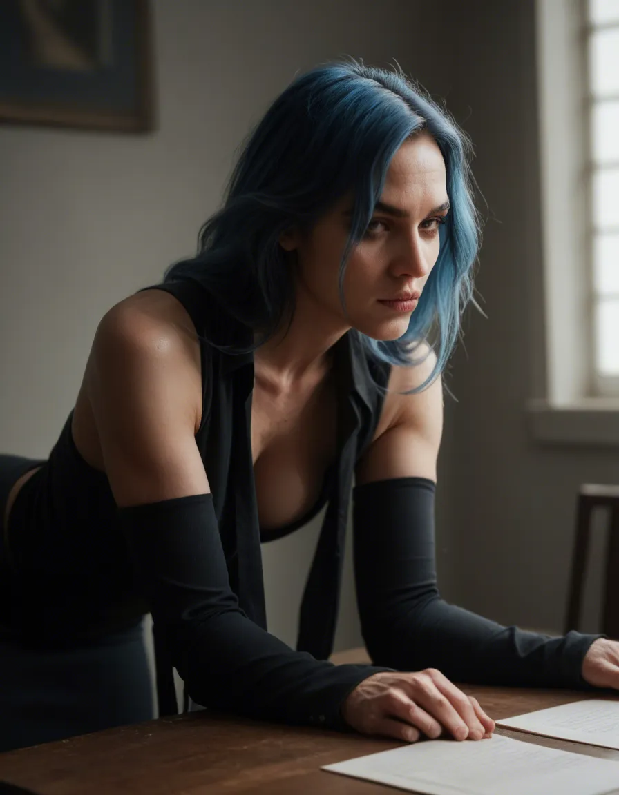 professional photo, high detail, witch, blue hair, detached sleeves, bent over, warm tones, film photography, score_9, score_8, candid photo, realistic skin texture, visible skin pores, film grain, depth of field