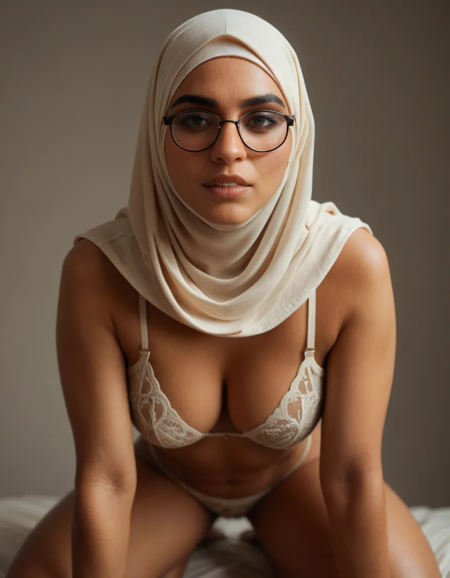 Hijab Bengali glasses lingerie sexy curvy on knees freckles biting lips, score_9, score_8, candid photo, realistic skin texture, visible skin pores, film grain, depth of field