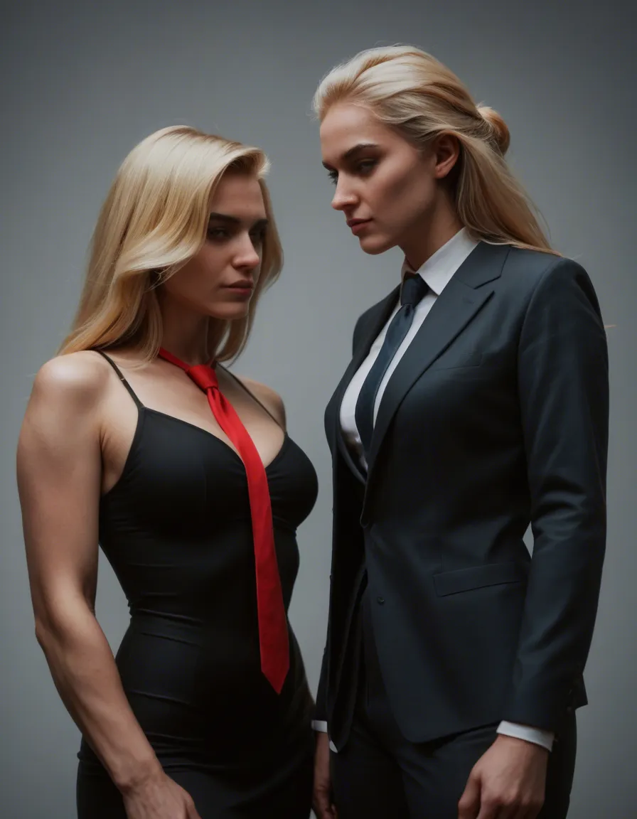 futanari, cinematic photo, 8k, 2girls, breasts, necktie, futanari, photorealistic, blonde_hair, score_9, score_8, candid photo, realistic skin texture, visible skin pores, film grain, depth of field