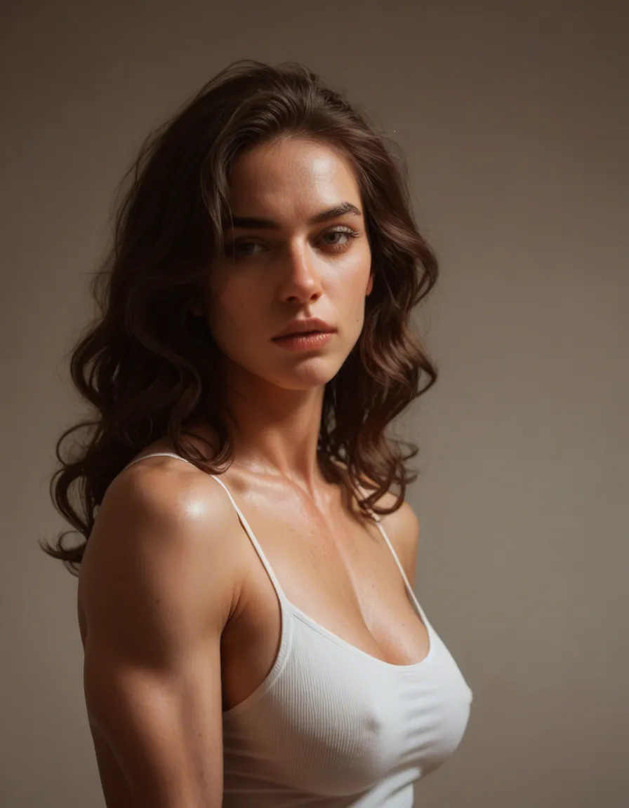futanari, Warm tones, futanari, brunette, wavy hair, muscle mommy, score_9, score_8, amateur photo, phone snapshot, realistic skin texture, skin blemishes, soft indoor lighting