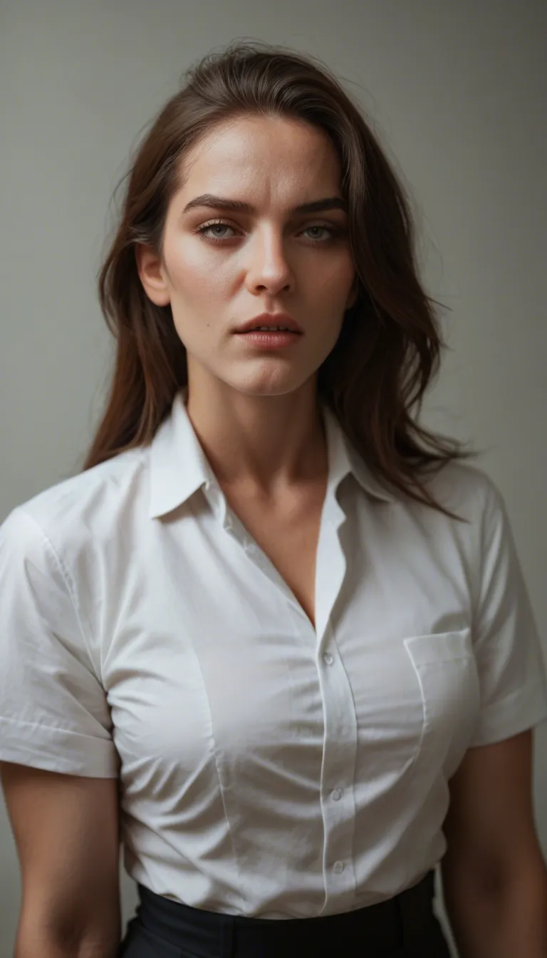 professional photo, high detail, maid, toned body, collared shirt, orgasm, film photography