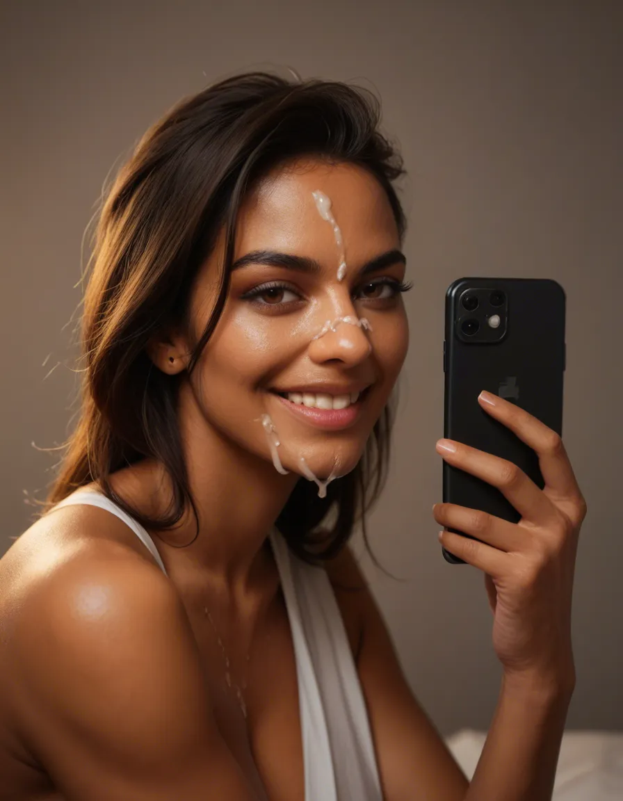 Beautiful Latina secretary woman, cum on face, smiling, score_9, score_8, amateur photo, phone snapshot, realistic skin texture, skin blemishes, soft indoor lighting