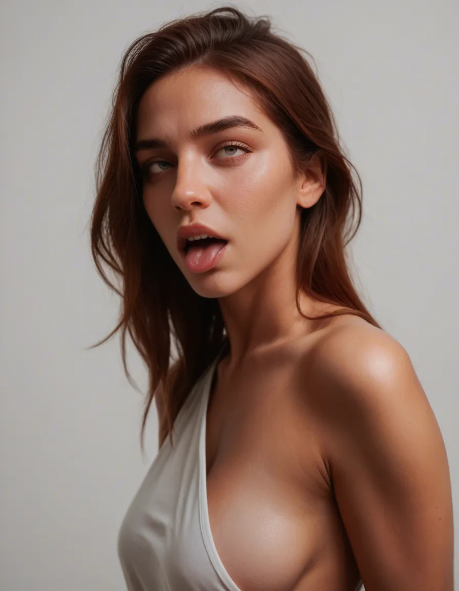 studio quality, sharp focus, medium shot, 1girl, ahegao, sideboob, white background, confident gaze, natural skin texture, red_hair, score_9, score_8, candid photo, realistic skin texture, visible skin pores, film grain, depth of field