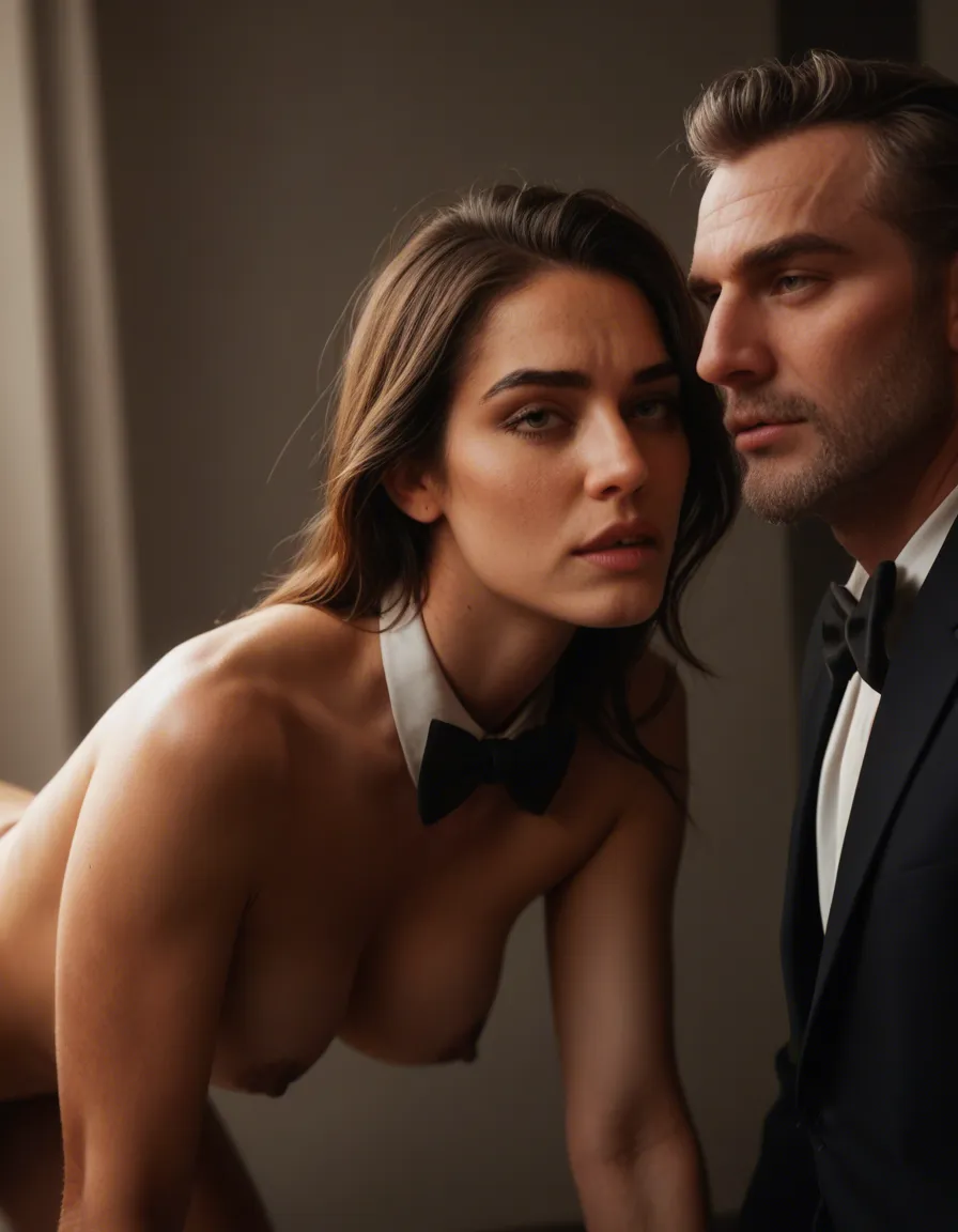 cinematic photo, 8k, couple, bowtie, bent over, cinematic realism, score_9, score_8, candid photo, realistic skin texture, visible skin pores, film grain, depth of field
