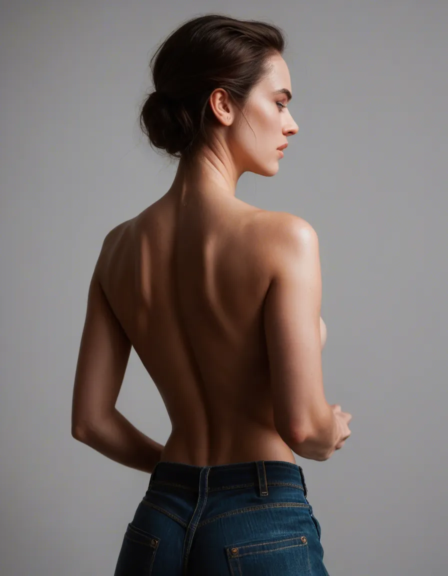 RAW photo, ultra realistic, princess, midriff, open clothes, from behind, topless, over the shoulder, studio lighting, studio photo, score_9, score_8, candid photo, realistic skin texture, visible skin pores, film grain, depth of field