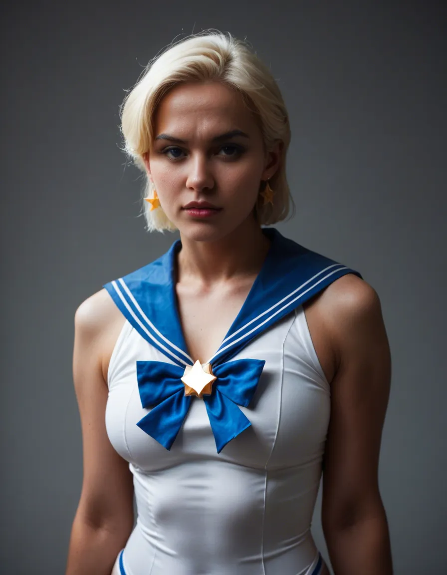 Sailor mercury cosplay big boob east Asian, score_9, score_8, candid photo, realistic skin texture, visible skin pores, film grain, depth of field
