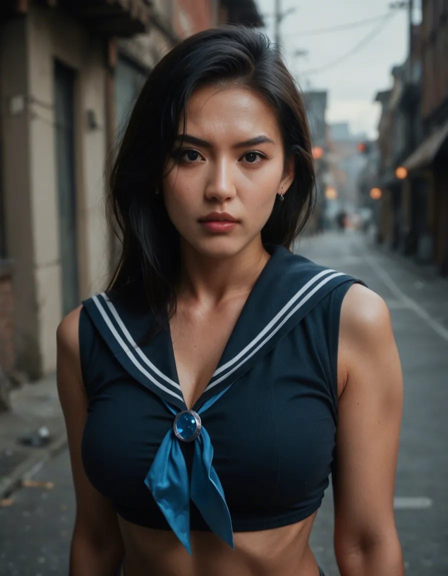 Sailor mercury fighting east_asian_architecture caught by enemy seduced big breasts, score_9, score_8, candid photo, realistic skin texture, visible skin pores, film grain, depth of field