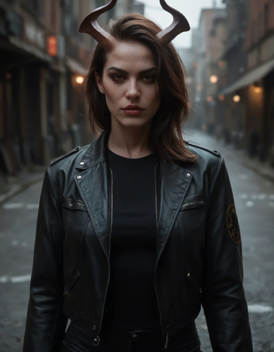 RAW photo, ultra realistic, succubus, jacket, fully nude, score_9, score_8, candid photo, realistic skin texture, visible skin pores, film grain, depth of field