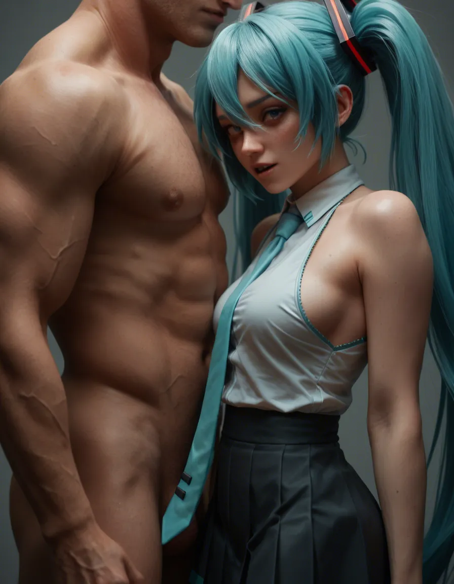 Hatsune Miku being fucked from behind by a pale boy shorter than her. The boy must look like a woman, have black fluffy looking hair that reaches his shoulders and have extremely pale skin. Miku must be taller than him. Miku must have her skirt bunched up around her waist while the femboy fucks her from behind. Miku's ass must be really big. The femboy's cock must be HUGE and veiny. Both of them should look happy., score_9, score_8, amateur photo, phone snapshot, realistic skin texture, skin blemishes, soft indoor lighting