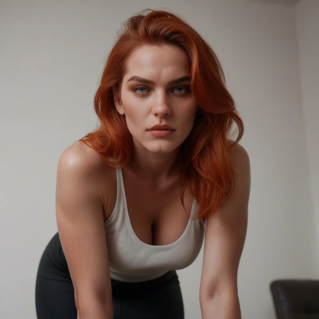 8k, sharp focus, detailed skin, redhead woman, skindentation, office wear, leaning forward, futanari, gradient background, low angle, dramatic lighting, natural skin texture