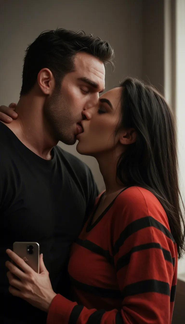 Black haired Filipino woman with a red/black long sleeve short with wide black horizontal stripes
A man pins her to the wall, french kisses her, and lifts up one of her legs. Do not strip her. Give the woman a bigger chest