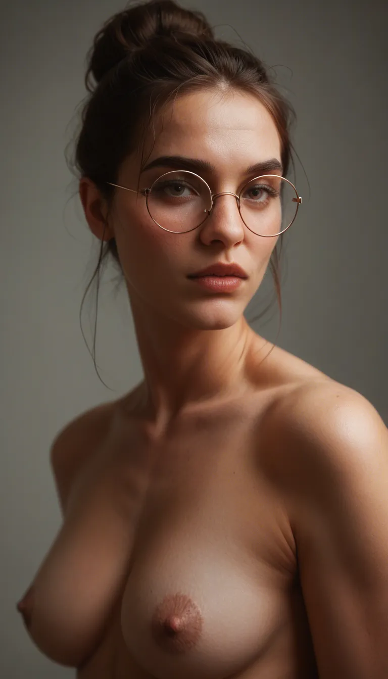 Round glasses and a bun while getting punded