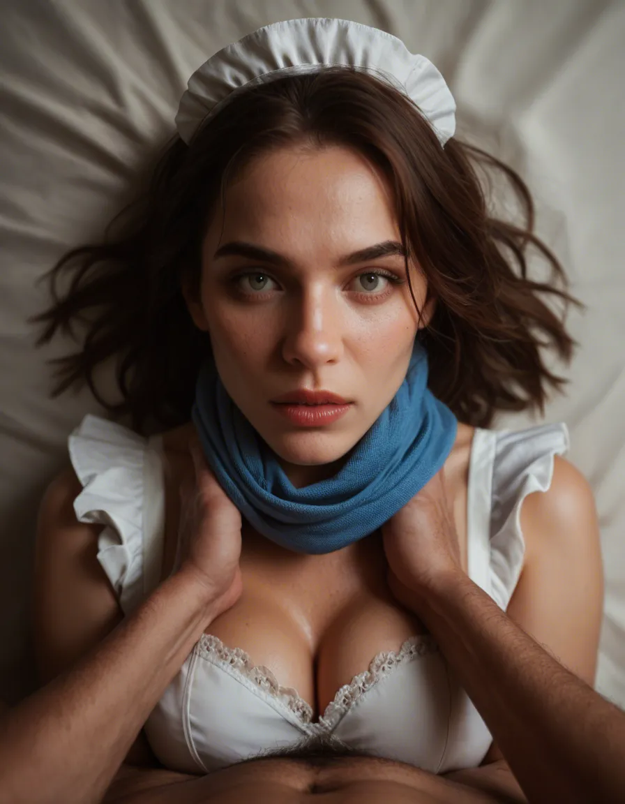 studio quality, sharp focus, POV, maid, missionary, scarf, simple background, dreamy atmosphere, dslr quality, score_9, score_8, candid photo, realistic skin texture, visible skin pores, film grain, depth of field