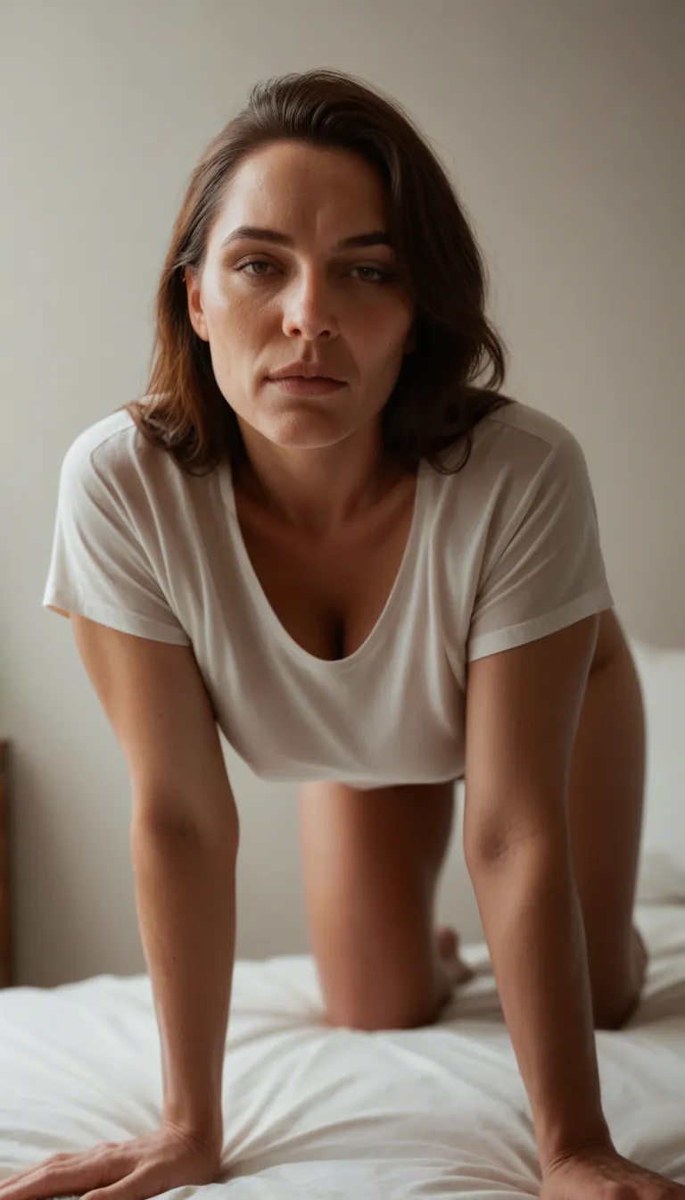 studio quality, sharp focus, mature female, short sleeves, on all fours, film photography, score_9, score_8, candid photo, realistic skin texture, visible skin pores, film grain, depth of field
