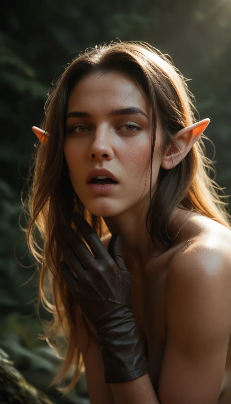 highly detailed, natural lighting, elf girl, hair bow, gloves, moaning, hyperrealistic