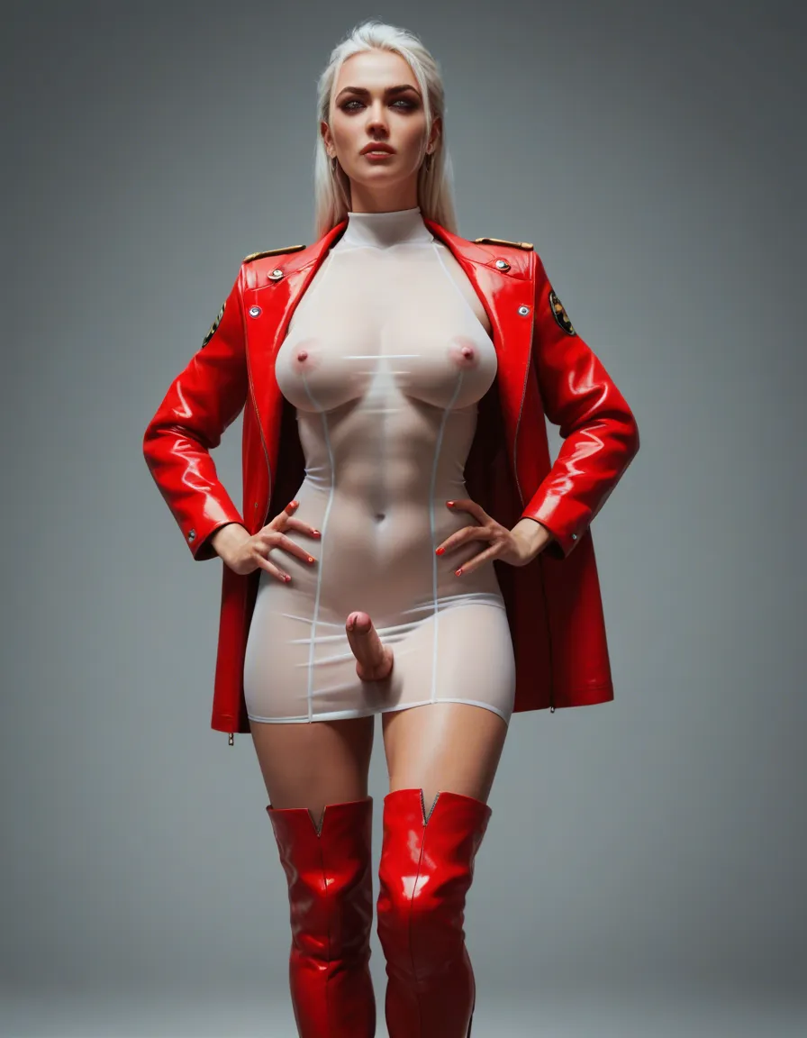 futanari, Futanari, 1futa, small erect penis, Wearing long white transparent dress, with penis pointing up under dress. (Erect penis and nipples showing under dress), no panties, thigh high red boots , open red military style jacket , hands on hips., 30 year old, standing in bar , braided black hair, blue eyes, heart shaped face, beautiful, score_9, score_8, 3d render, octane render, subsurface scattering, ray tracing, smooth shading