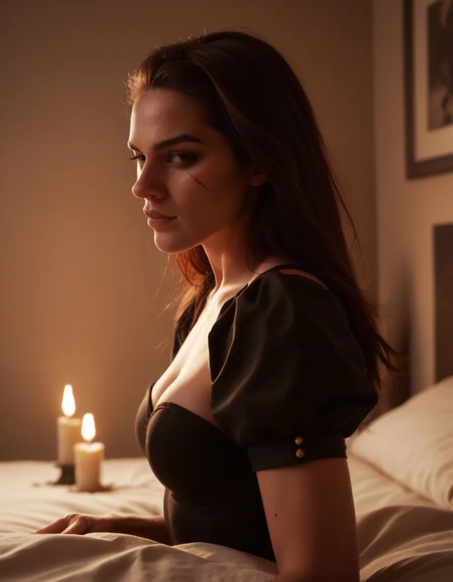 cinematic photo, 8k, succubus, scar, puffy sleeves, presenting, bed, side view, candlelight, photorealistic, score_9, score_8, candid photo, realistic skin texture, visible skin pores, film grain, depth of field