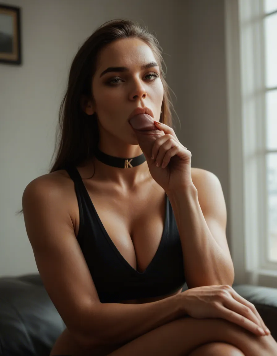 highly detailed, natural lighting, fitness model, cleavage, choker, crossed legs, blowjob, cloud, golden hour, 8k uhd photo, score_9, score_8, candid photo, realistic skin texture, visible skin pores, film grain, depth of field