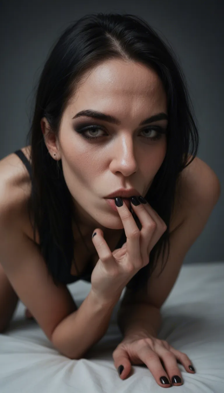 Goth. Tattoed. Black painted fingernails. Black painted toenails. Sucking her big toe.