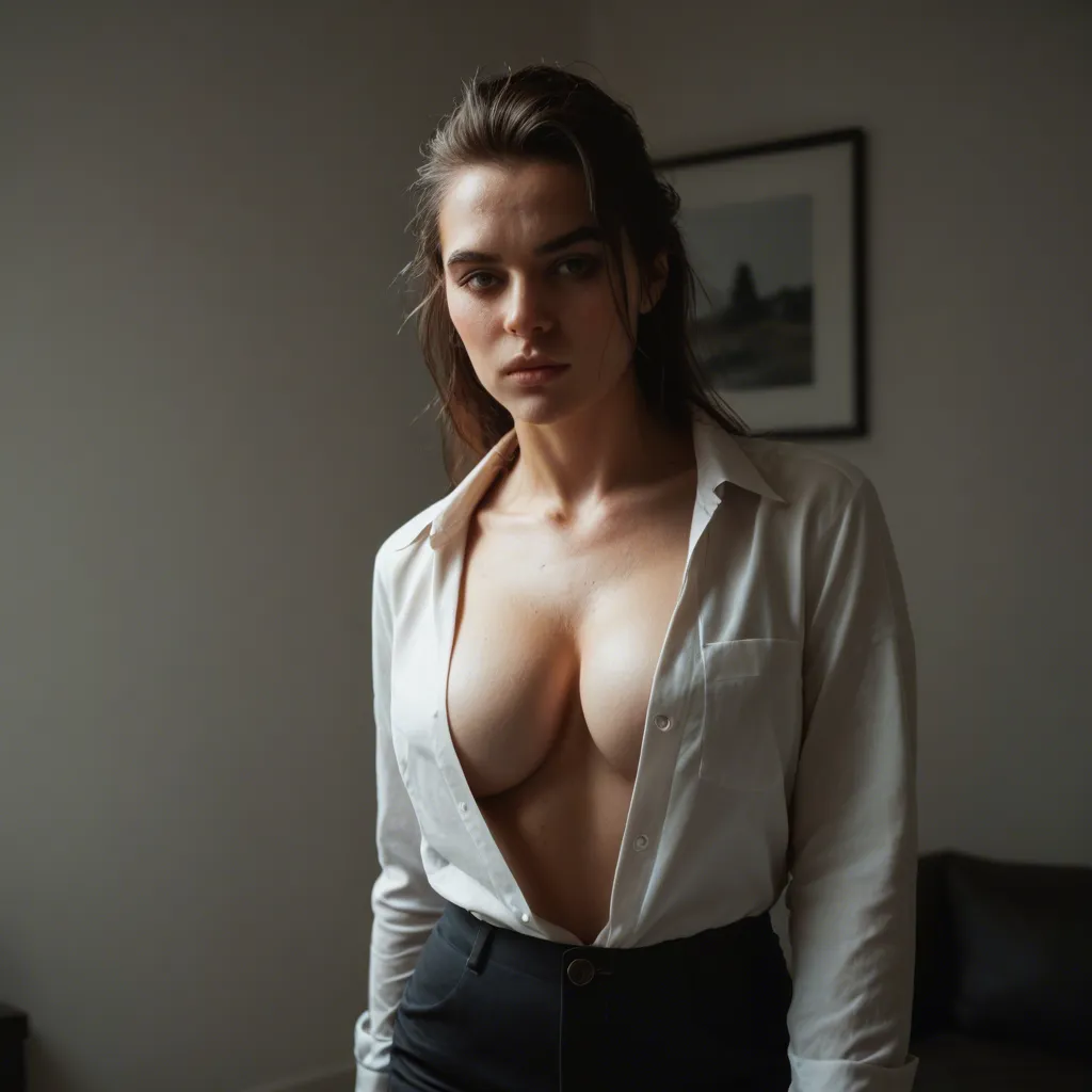 professional photo, high detail, solo, cleavage, open clothes, walking toward camera, bouncing breasts, 8k uhd photo