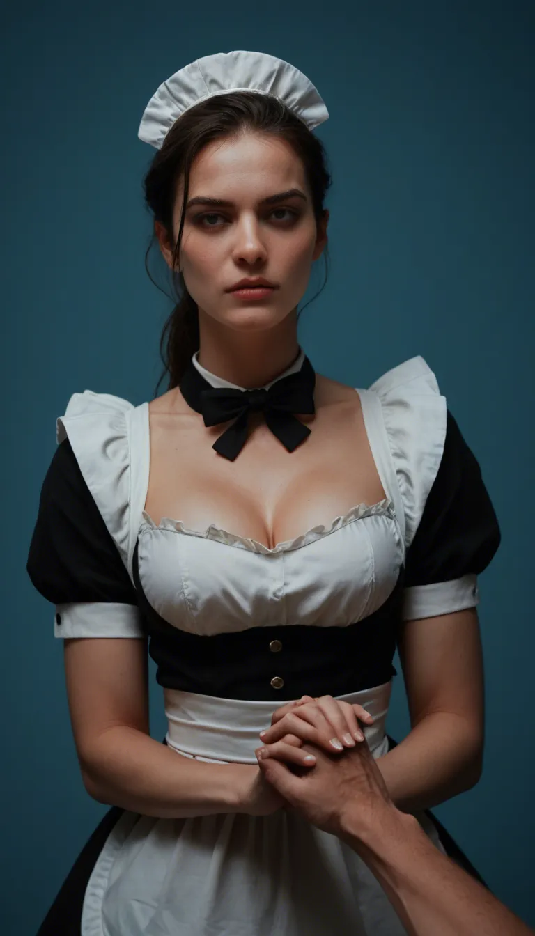 RAW photo, ultra realistic, dutch angle, maid, presenting, holding hands, blue background, film photography