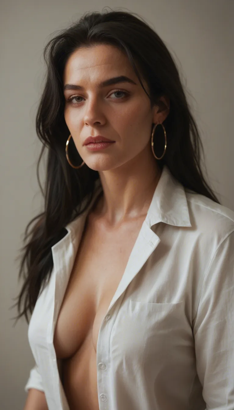 Mature woman about 45 years old with northern European features, long loose black hair, black eyes, hoop earrings, wears an unbuttoned blouse, maintains eye contact with the observer while sucking his erect penis sensually, takes the penis out of her mouth just in time before he ejaculates squirting it on his face