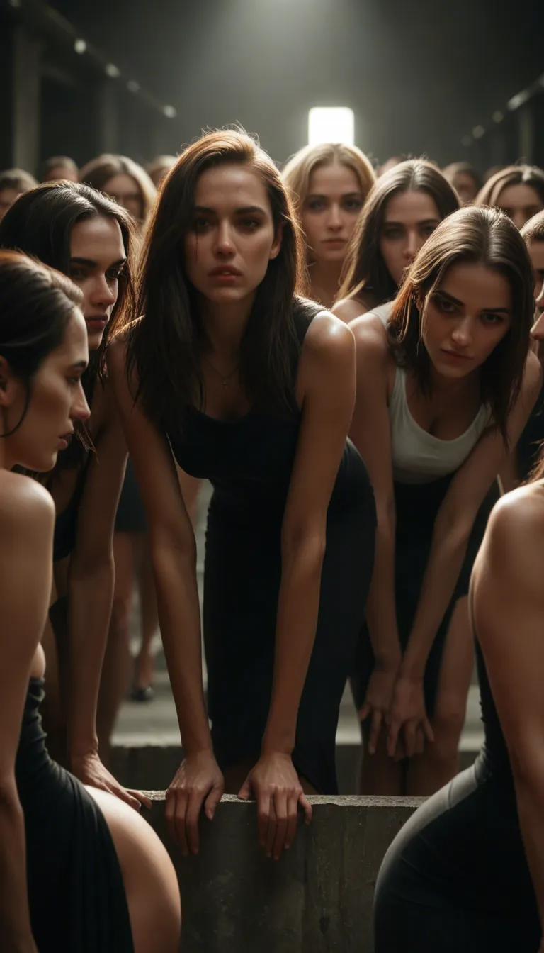 best quality, hyperrealistic, 6+women, sidelocks, skirt, bent over, dramatic lighting, dslr quality