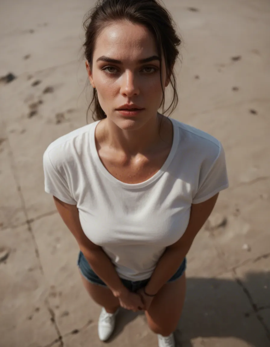 ultra HD, lifelike, solo focus, white footwear, white shirt, futanari, from above, cinematic realism, score_9, score_8, candid photo, realistic skin texture, visible skin pores, film grain, depth of field