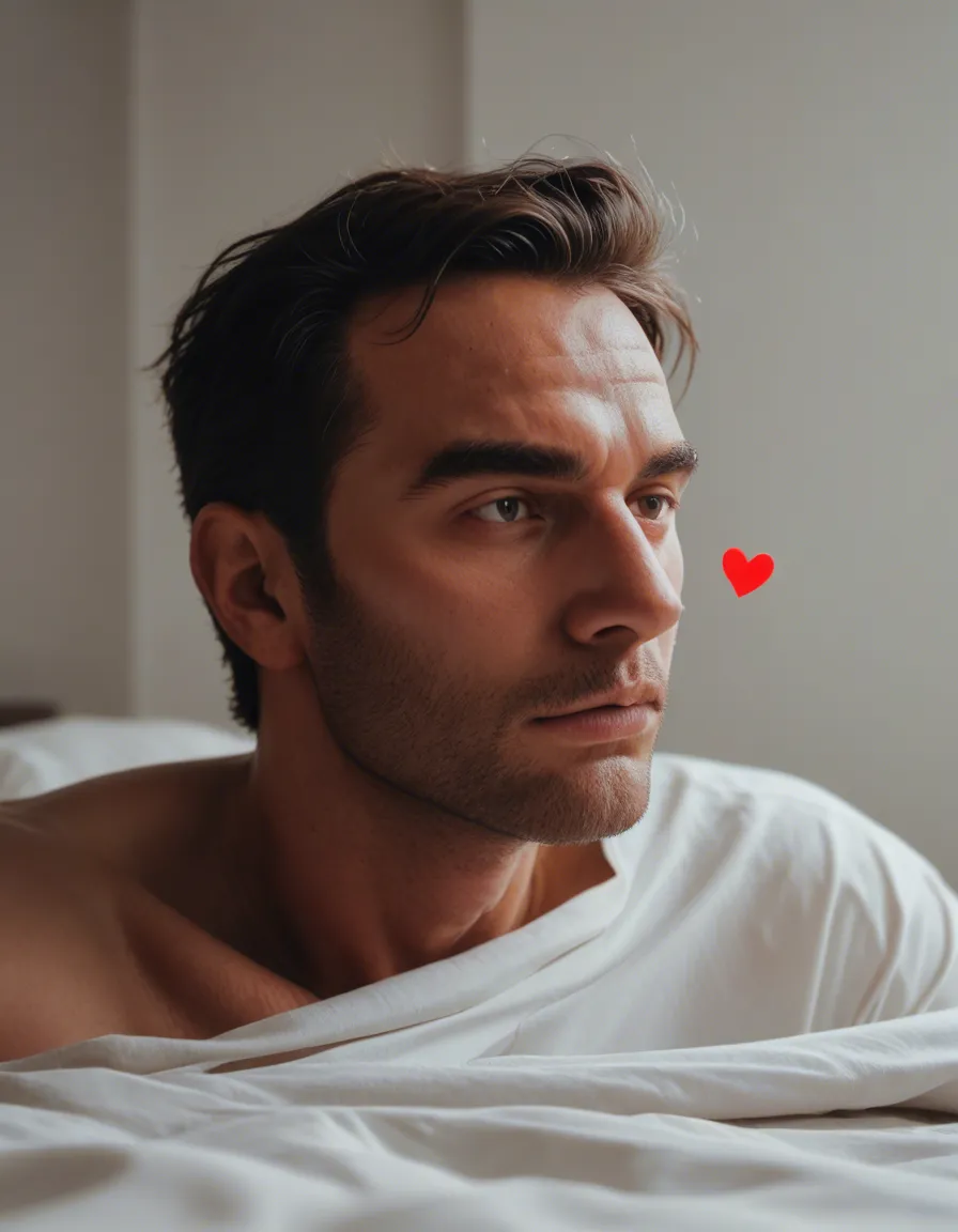 ultra HD, lifelike, male focus, colored skin, heart, fully nude, bed sheet, portrait, dslr quality, score_9, score_8, candid photo, realistic skin texture, visible skin pores, film grain, depth of field