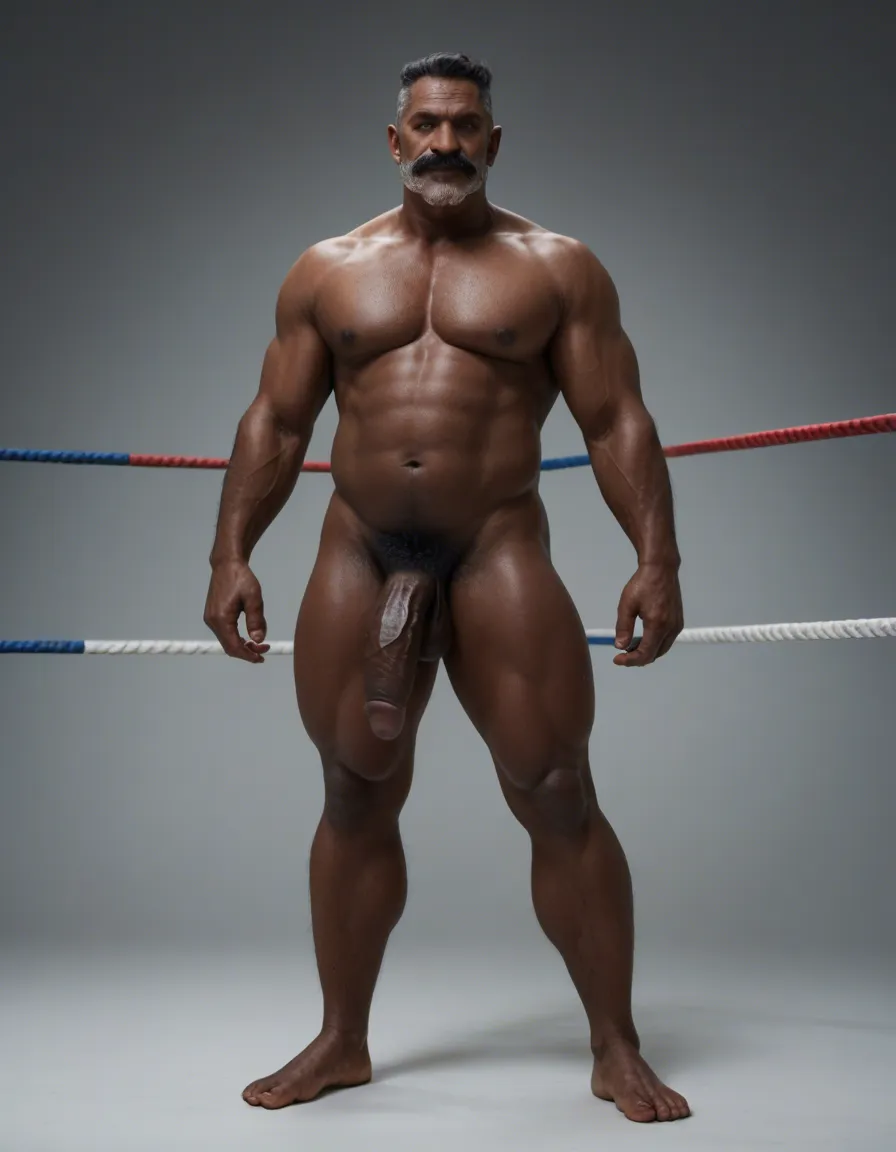 Matured northern Indian grandpa full naked, heavy weight body,big mustache, fat, hairy, wrestler, aged 60s, thick cock, black short hair cut,thick moustache, black skin, realistic skin texture, visible skin pores, full body realistic, score_9, score_8, candid photo, realistic skin texture, visible skin pores, film grain, depth of field